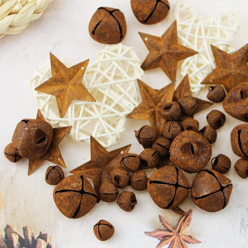 vibnumom Rusty Metal Jingle Bells Kit Supplies Includes 75 Mixed Size Vintage Rusty Bells 20 Rustic Metal Star and Jute Rope Ribbon for Primitive Crafts Christmas Wreath Holiday Home Decoration (Pack of 95) - Image 4